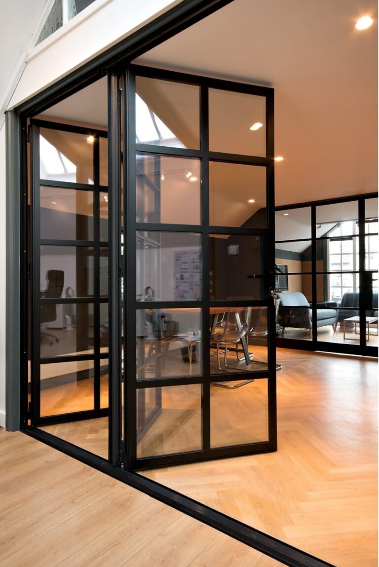 باب زجاج سكريت شفاف بتصميم عصري لمدخل محل